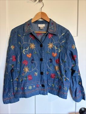 Studio works Denim Jacket with Multicolor Floral Embroidery